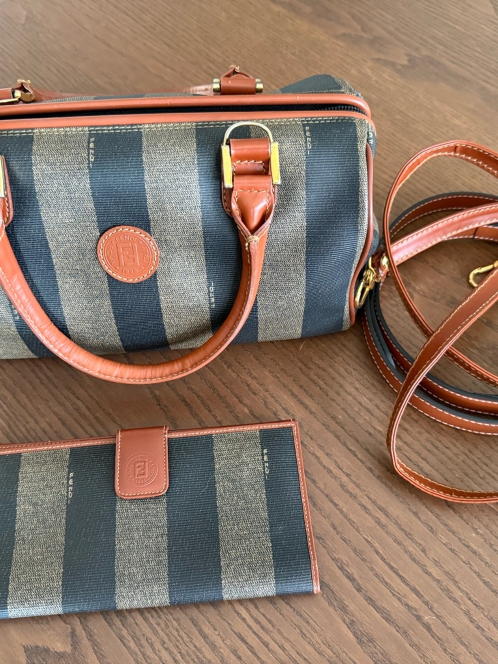 Fendi Brown and Black Striped Canvas Shoulder Bag with Tan Leather Trim - Picture 11 of 16